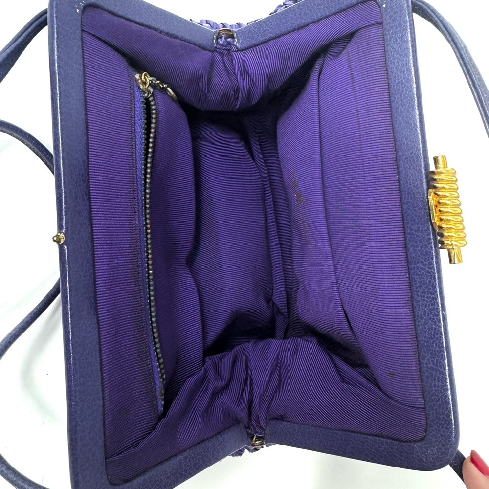 Morris Moskowitz Vintage Purple Crochet Straw Top Handle Bag Gold Hardware - Picture 7 of 9